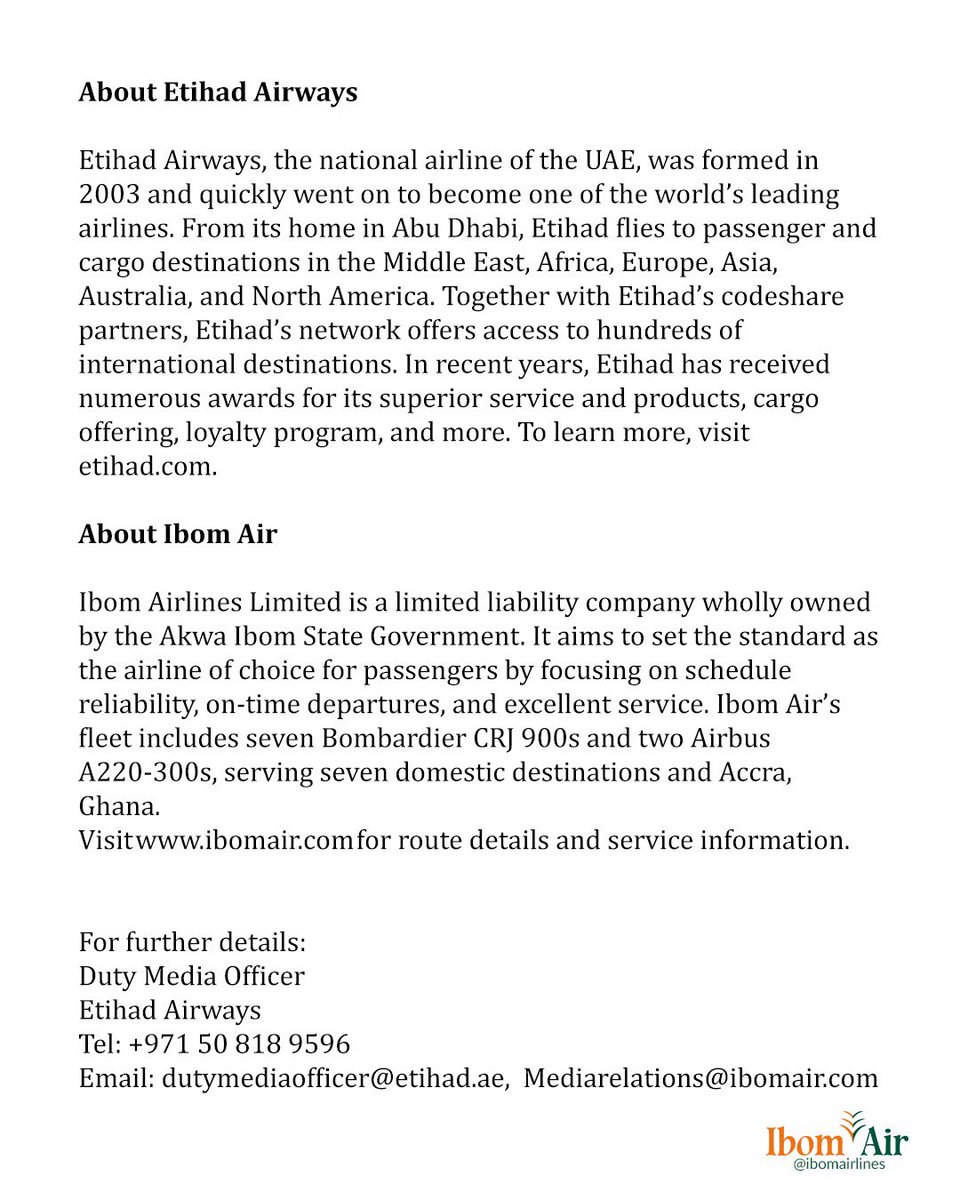 ibomairlines's tweet photo. Etihad Airways and Ibom Air sign interline agreement connecting Nigeria and Etihad's network 

Travellers will reach Abuja, Uyo, Port Harcourt, Calabar and Enugu on a single ticket from the launch of Etihad's Accra and Lagos services in March 2027 https://t.co/LUDQaEfUY2