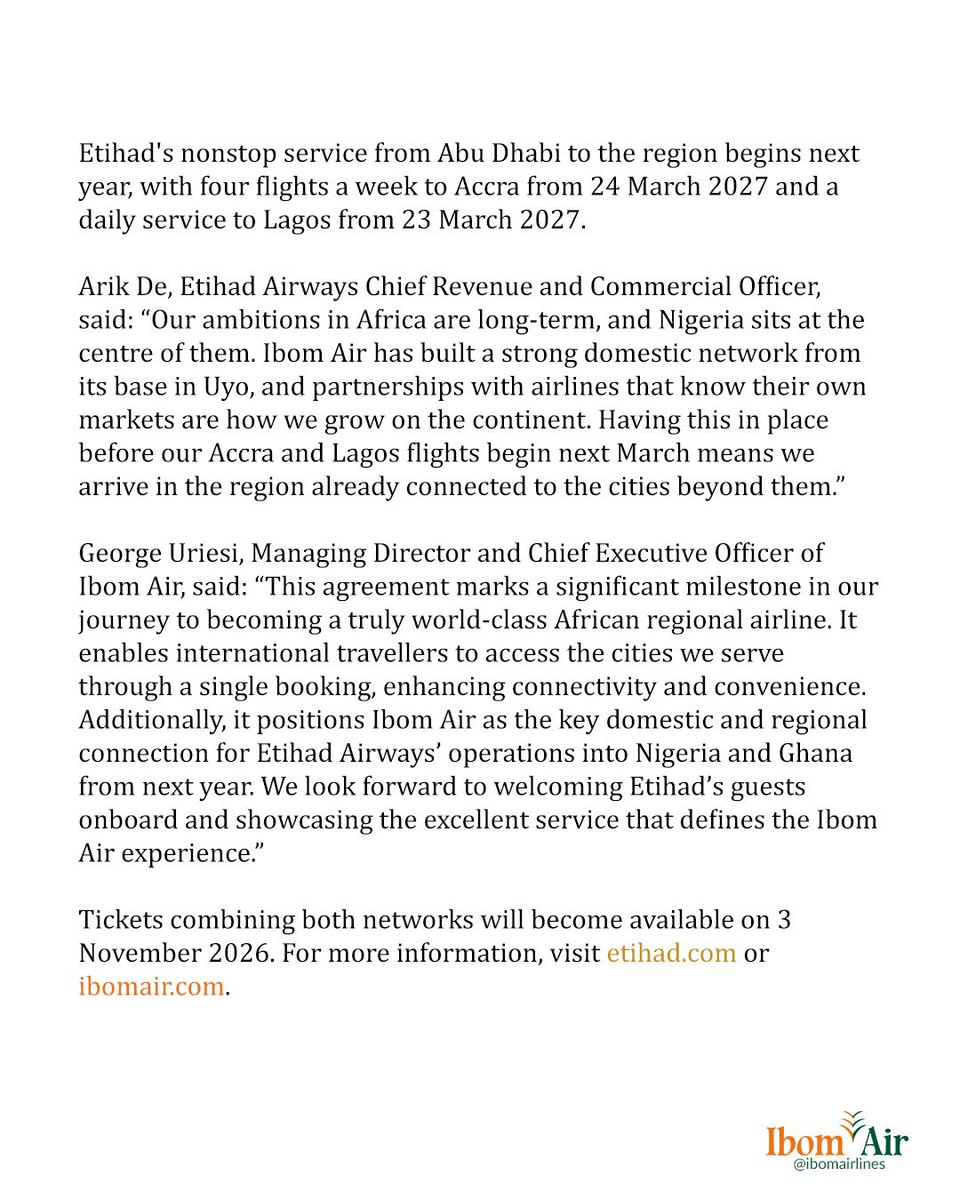 ibomairlines's tweet photo. Etihad Airways and Ibom Air sign interline agreement connecting Nigeria and Etihad's network 

Travellers will reach Abuja, Uyo, Port Harcourt, Calabar and Enugu on a single ticket from the launch of Etihad's Accra and Lagos services in March 2027 https://t.co/LUDQaEfUY2