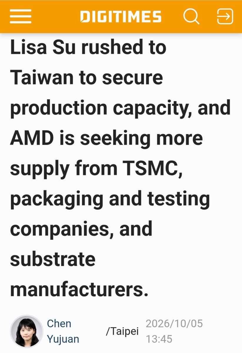 Samuelnaidu57's tweet photo. $AMD 𝗔𝗠𝗗: Lisa Su suddenly rushed to Taiwan today to secure more production capacity from $TSM and coordinate with packaging, testing and substrate suppliers. 🇹🇼

Looks like AMD is trying to lock in more supply ahead of strong AI-chip demand, especially with packaging and substrate shortages already pushing prices higher.

📈 Strong AI demand
🏭 More production capacity
📦 More packaging & testing capacity
🔗 Secure substrate supply
🚀 Positive for $AMD

Key suppliers to watch: $TSM $ASX $AMKR $SANM.