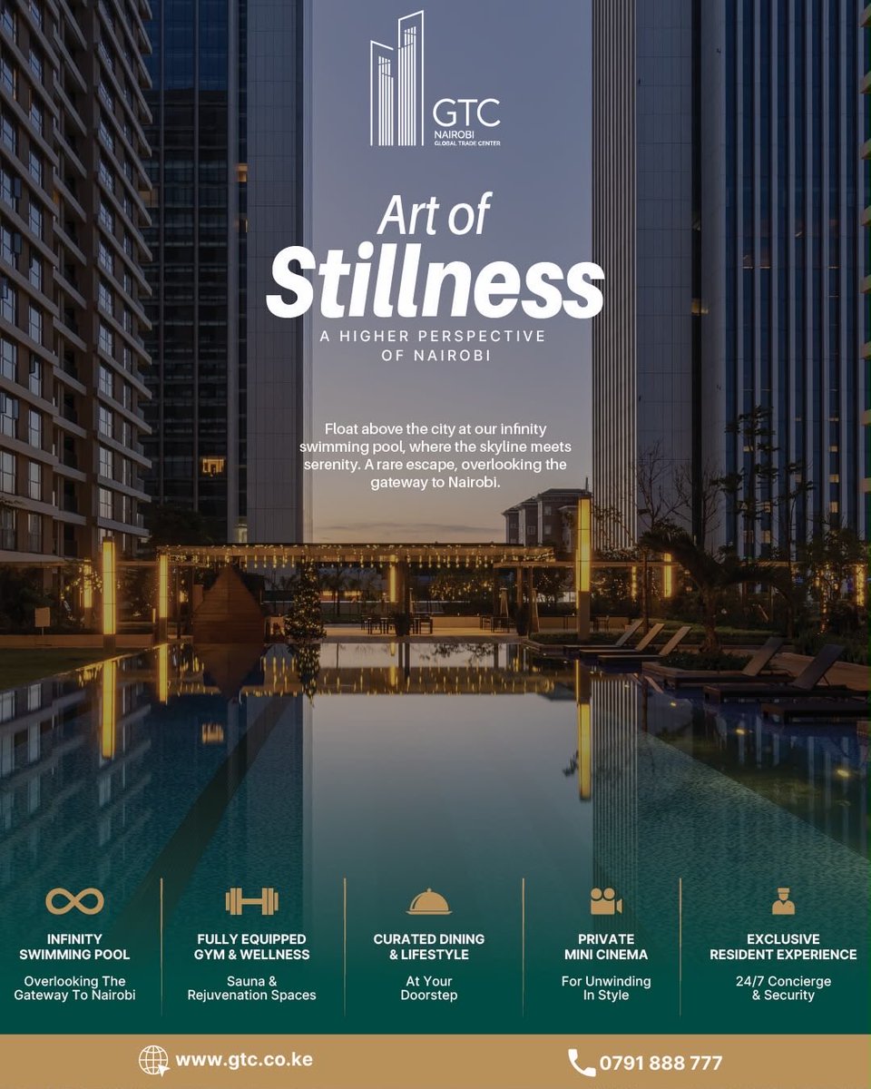GTCKenya1's tweet photo. Discover a higher perspective of Nairobi at GTC Residences, where infinity meets the skyline, wellness meets indulgence, and every moment is designed to feel effortlessly elevated.
Live above the city. Live at GTC Executive Residence
#GTCResidences #LiveAtGTC https://t.co/NnKeCTunqI