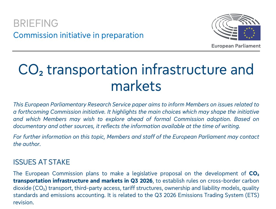 EP_ScienceTech's tweet photo. A new EU legislative proposal will set up rules for CO₂ infrastructure, markets &amp; transportation across borders - this is key to reach climate neutrality by 2050.
 
👉This STOA briefing breaks down the challenges, stakeholder views &amp; policy choices ahead: https://t.co/EjNy4graGA https://t.co/1vp7zRwQgd