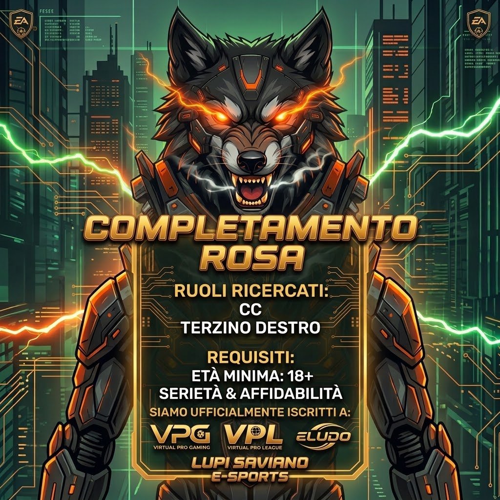 LUPISAVIANOES's tweet photo. 🐺 COMPLETAMENTO ROSA | LUPI SAVIANO E-SPORTS
Siamo pronti al debutto stagionale e ufficialmente iscritti ai campionati VPG, VPL ed ELUDO!
Per completare l'organico cerchiamo gli ultimi tasselli da inserire in rosa:
🎯 Ruoli ricercati: CC e Terzino Destro
LINK GRUPPO PROVINI:
https://t.co/EBQG5JsTkr
@VPGItaly @VPLItaly @eLUDO_League 
@pctransfermarkt