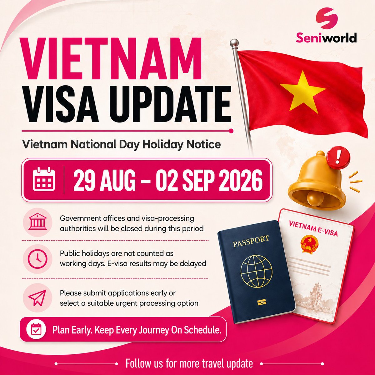 ALMOHTAREFF's tweet photo. Vietnam National Day holiday: 29 August–2 September 2026. Visa-processing authorities will be closed, and e-visa results may be delayed. Apply early or choose urgent processing if your departure date is near. https://t.co/YL33bjeCTF