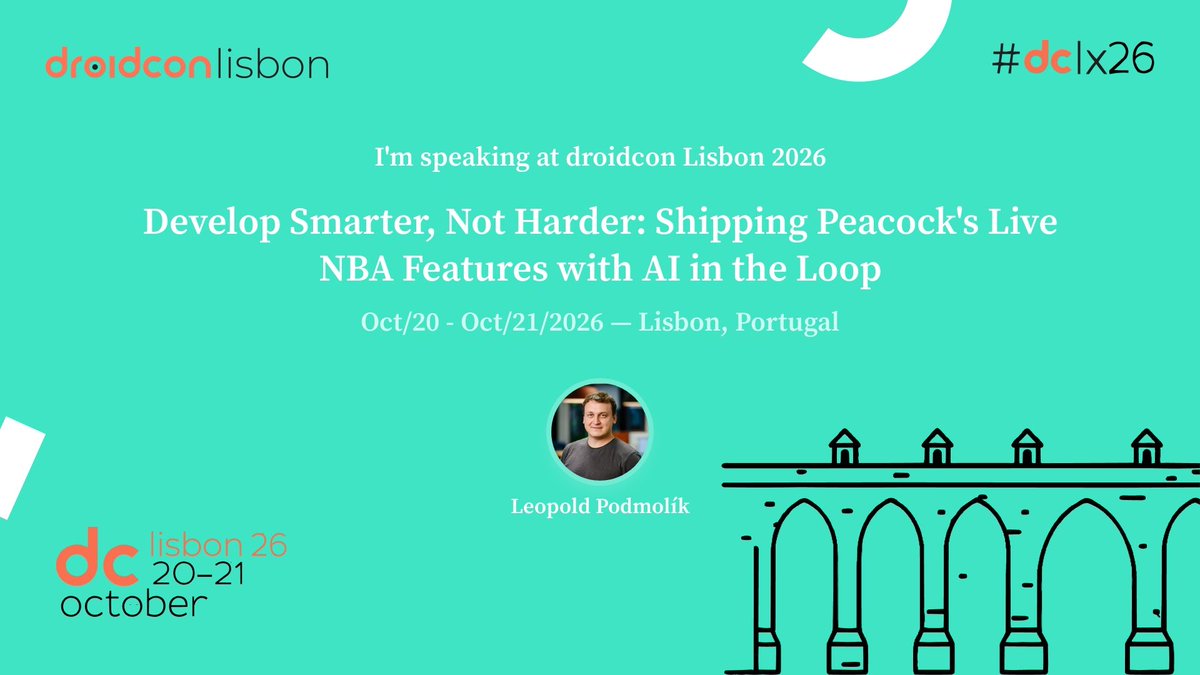 droidconLisbon's tweet photo. How do you build and test a live NBA experience when there's no live game to test against — and how much faster can you go once AI agents join in? At Sky's Prague team we ship Peacock… — with Leopold Podmolík (@podmolik). Full abstract here: https://t.co/ptxxOJQI2Q #dclx26 https://t.co/WeOg3aUwp8