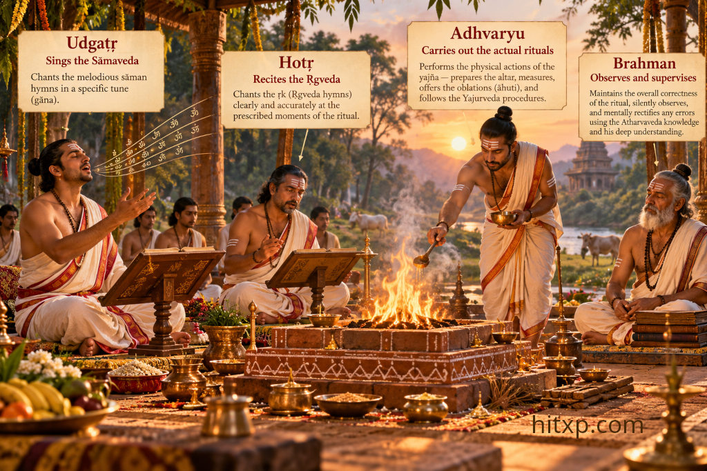 gurudevrao's tweet photo. The role of the 4 vedas in yajnya.
1) Hotr - recites the Rigveda
2) Udgatr - sings the Samaveda
3) Adhvaryu - performs the rituals as per Yajurveda
4) Brahman - observes and supervises as per Atharvaveda https://t.co/gV31ZIEPoA