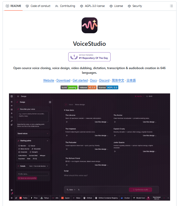 josesilesdata's tweet photo. 👋🏻ADIÓS A ELEVENLABS!

HOLA VOICESTUDIO!

Te permite:

→ clonar una voz desde un clip de referencia limpio
→ doblar cualquier video a 646 idiomas
→ generar audiolibros, dictado, transcripción
→ elegir entre 14 motores TTS en lugar de uno

ElevenLabs soporta 32 idiomas. 
VoiceStudio soporta 646!

Sin límites de uso. 
Sin cobro por carácter.
Ningún audio sale nunca de tu computadora.

guarda esto para después.

os dejo el repo abajo 👇🏻