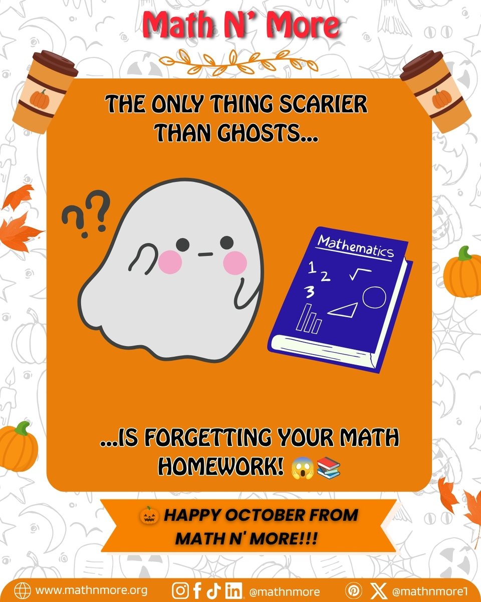 MathNMore1's tweet photo. 🎃 Hello, October! 🍂

Don't let math homework become the scariest part of your day. 👻📚

Every problem is another chance to learn and grow! 🧮💙

So, what's scarier?

👻 Ghosts or 📚 math homework? 😂

#MathNMore #MathIsLife #MathMonday https://t.co/6Eza1NVOxP
