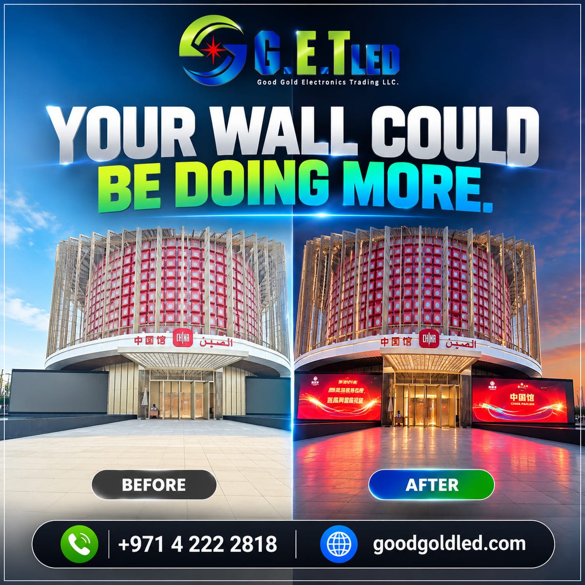 GoodGoldLed's tweet photo. Empty wall? It could be selling for you all day. 
Custom LED displays for reception, showroom &amp; retail spaces.
📸 Send a photo + rough dimensions and we'll show you what's possible.
📞 +971 4 222 2818 | https://t.co/JL8sRvANXn 
#goodgoldled #leddisplay #BusinessStrategy https://t.co/yTHbykRKkJ