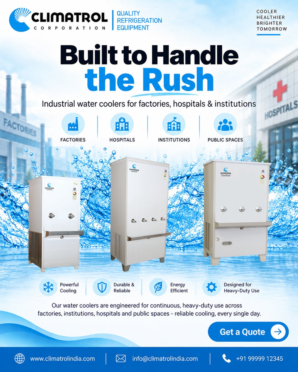 Climatrol_in's tweet photo. Built to Handle the Rush. Built for Reliability. 💧❄️
Keep your factories, hospitals, institutions and public spaces cool with Climatrol’s industrial water coolers—engineered for powerful, energy-efficient and continuous heavy-duty performance.

#HeavyDutyCooling #EnergyEfficient https://t.co/7P5zonSOAr