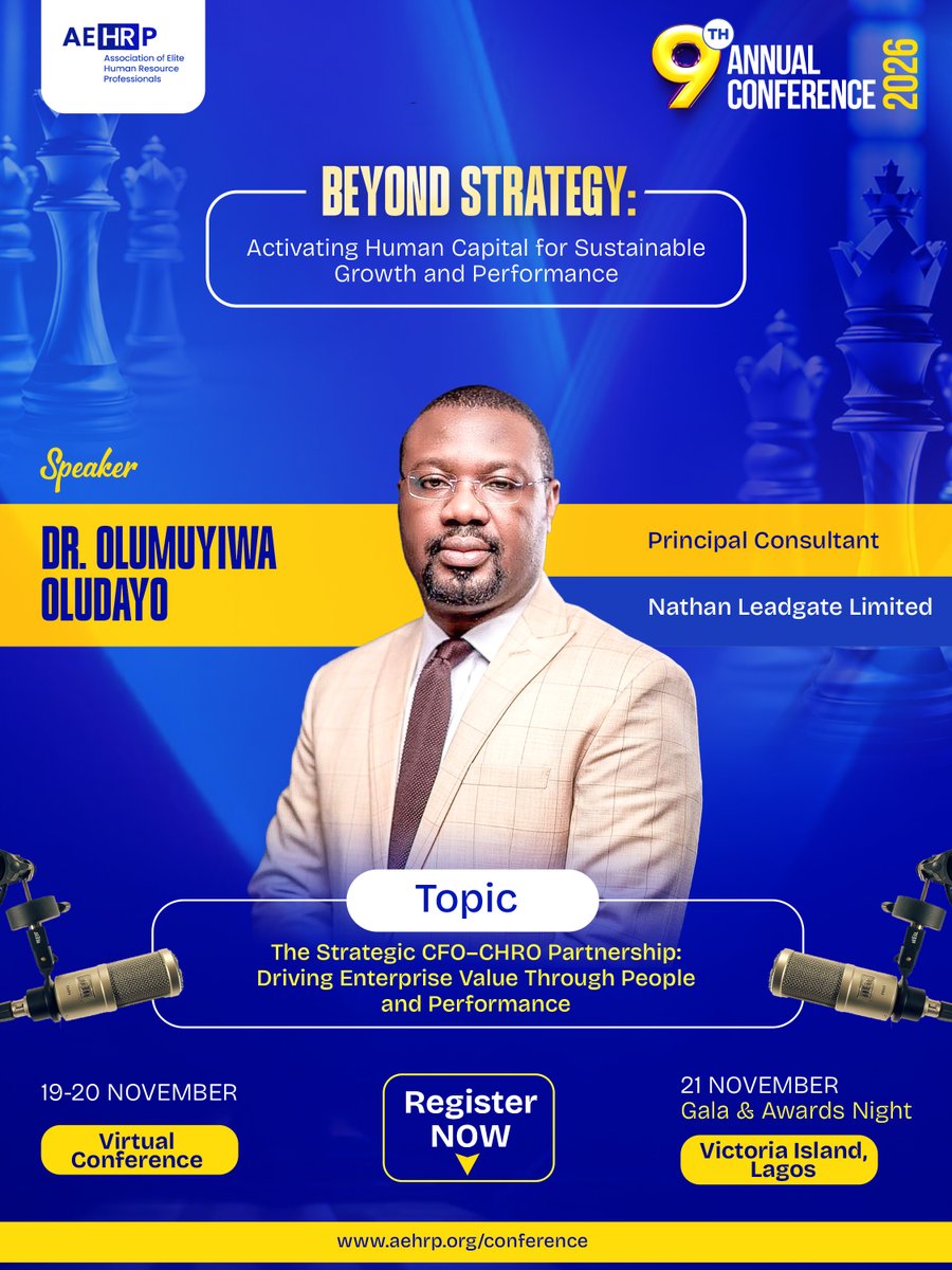 aehrp_official's tweet photo. HR is no longer expected to talk only about recruitment, engagement, and policies. What more is expected?
Join Dr. Olumuyiwa Oludayo for a thought-provoking session on the strategic partnership between CFOs and CHROs and its impact on organizational success.
#AEHRP9thConference https://t.co/D1drh2PThY