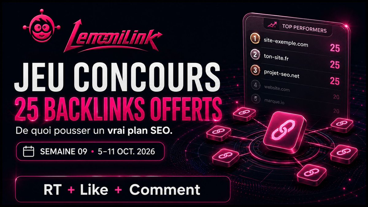 LemmiLink's tweet photo. 🎁 25 BACKLINKS OFFERTS

Semaine 9 : de quoi pousser un vrai plan SEO, offert à un seul gagnant. 🔗

Pour participer :
❤️ Like ce post
🔁 RT
💬 Commente « LEMMILINK »

📅 Du 5 au 11 octobre. Tirage au sort dimanche soir.

👉 https://t.co/O8CeA8Qkv8 https://t.co/jHGHbZICAr
