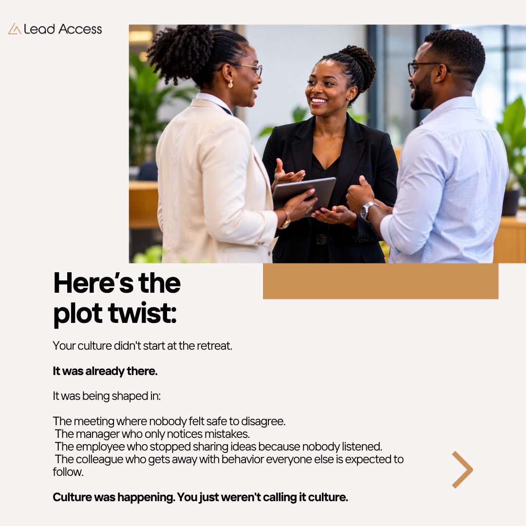 leadaccessnow's tweet photo. A strong company culture doesn’t happen by accident.

What kind of culture are you building?

Looking to strengthen your organisation and its people? 
Contact us through our website. Link in bio.

#LeadershipLens #CompanyCulture #Leadership #WorkplaceCulture #LeadAccess https://t.co/Qbl5mRfuYw