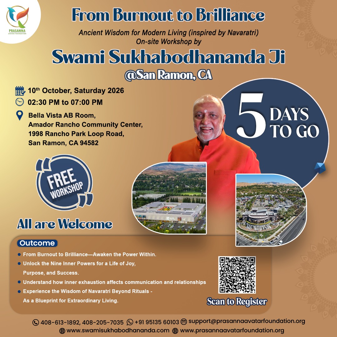 Prasanna_Trust's tweet photo. Only 5 days to go: SAN RAMON FREE WORKSHOP: FROM BURNOUT TO BRILLIANCE
Let us celebrate the spirit of Navaratri by awakening the strength, wisdom, and brilliance within us.

📍 EVENT DETAILS
🗓️ Date: Saturday, 10th October 2026
⏰ Time: 2:30 PM – 7:00 PM
🎟️ Entry: FREE

#sanramon https://t.co/MZA11y8QV1
