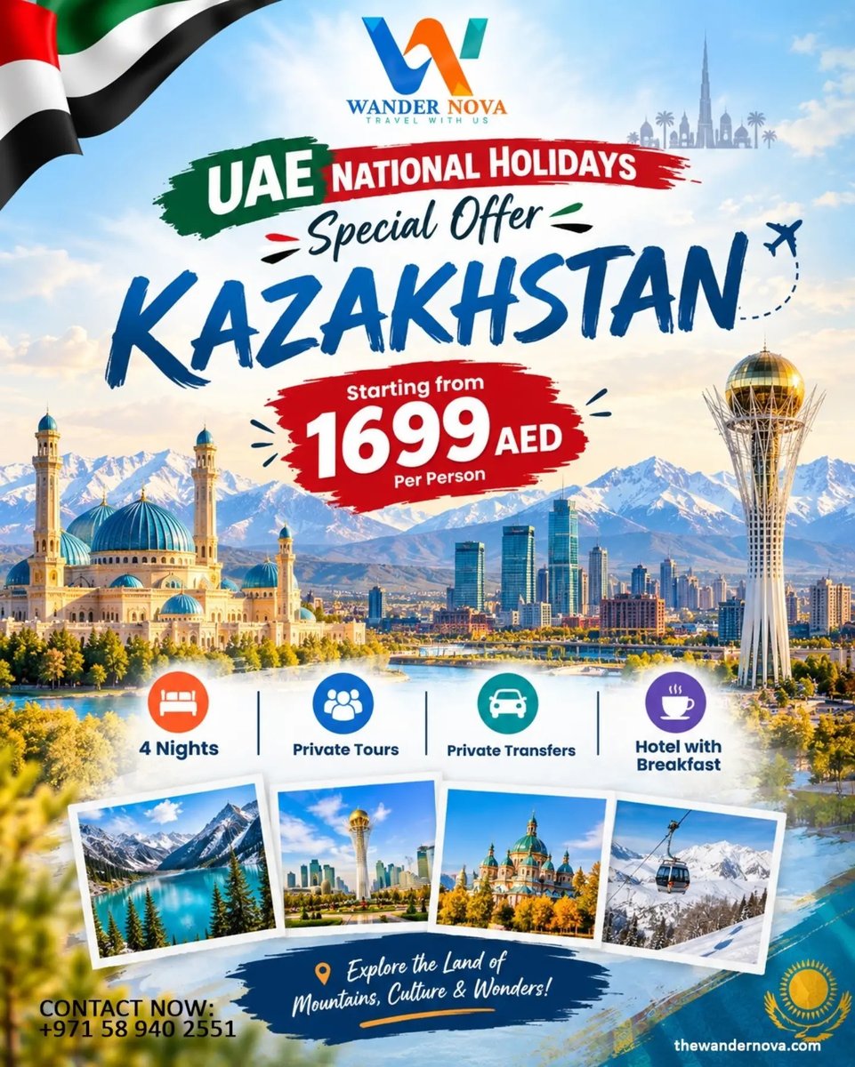 katty17318366's tweet photo. UAE National Day holidays, but make it Kazakhstan. New views, fresh vibes, and an unforgettable escape with Wander Nova. Pack your bags, chase the snow, and make this National Day break one to remember. https://t.co/M5FlXIDkem