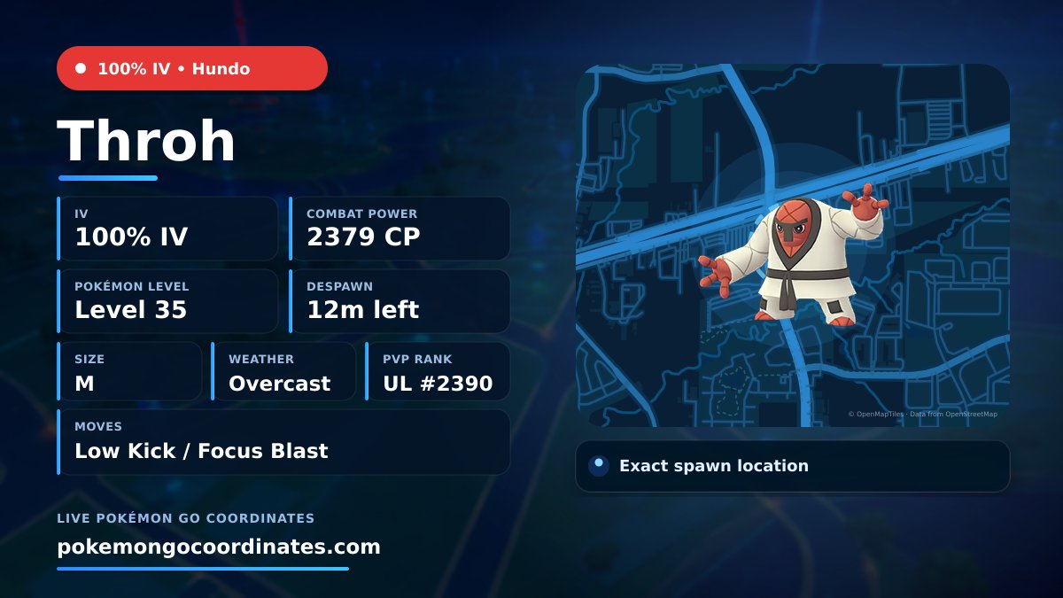 CoordsPokemonGo's tweet photo. #Throh Wild Spawns
💯% IV • 2379 CP • Level 35
Despawns in 12m
📍 32.914415,-96.431741
#100IVLevel35 • #ShinyPokemon https://t.co/owFGdQb8FX