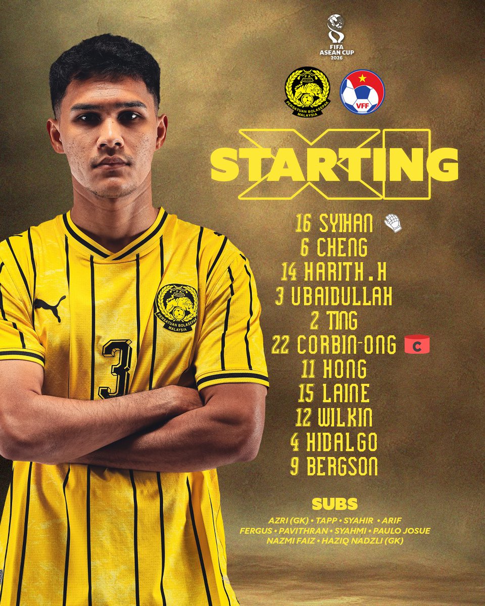 malaysia_nt's tweet photo. Kesebelasan Utama &amp; Pemain Simpanan Skuad Harimau Malaya

Tempat Ke-3 • Piala ASEAN FIFA 2026

⚽ MALAYSIA 🇲🇾 🆚️ 🇻🇳 VIETNAM
🗓️ Isnin, 5 Oktober 2026
🕓 5:00 ptg ini (Waktu Malaysia)
🏟 Gelora Bung Karno, Jakarta

📺 Siaran langsung di SUKAN+

#FAM #HarimauMalaya 
#FIFAASEANCup https://t.co/B35sDo8UbS