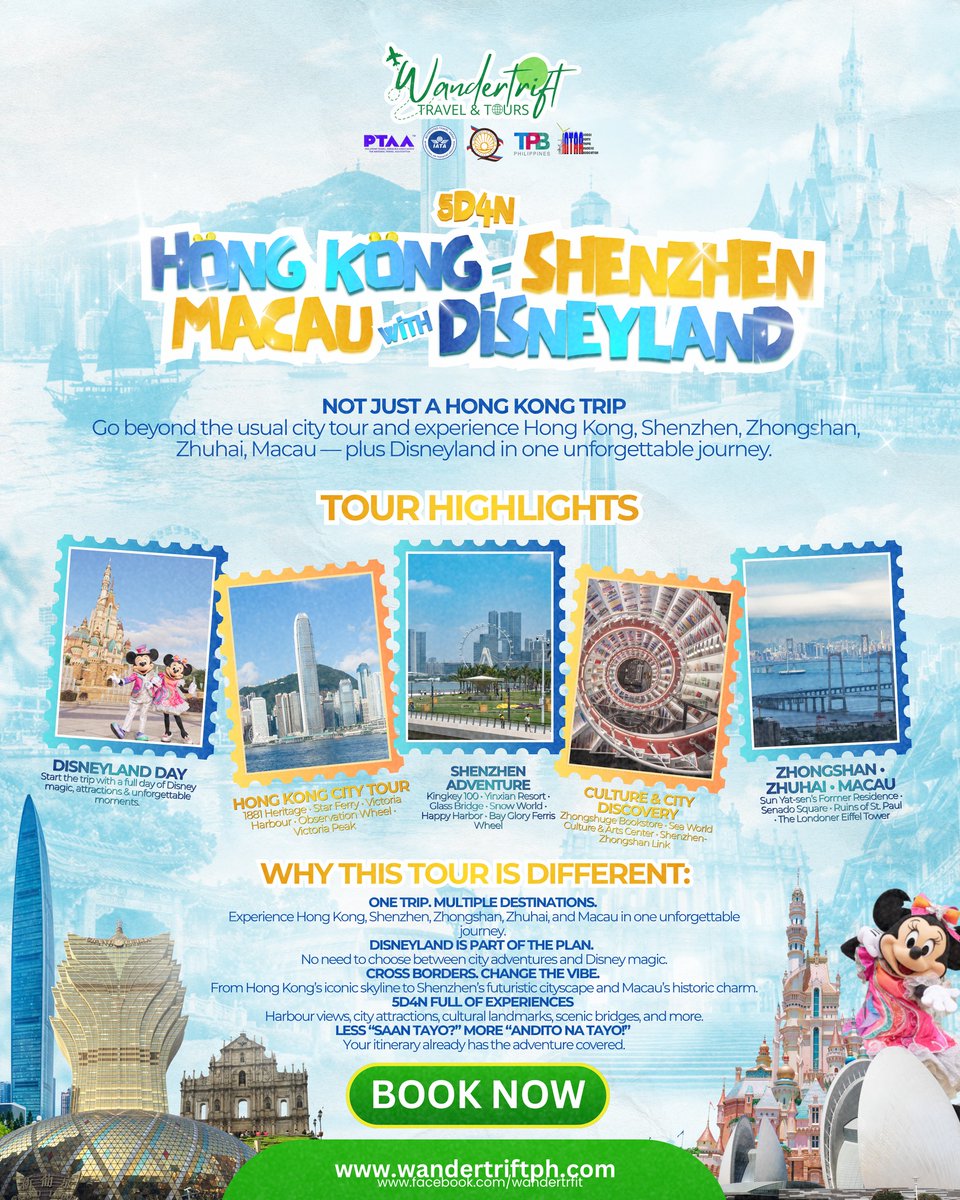 gabygatelli's tweet photo. 5D4N Hong Kong, Shenzhen, Zhongshan, Zhuhai, Macau plus a full Disneyland day. Includes roundtrip airfare, 4 nights hotel with breakfast, private coach, guide, listed meals and Disneyland. Oct 24–28, 2026 from ₱36, 998/pax. Downpayment: ₱10, https://t.co/lgWyURc3ci