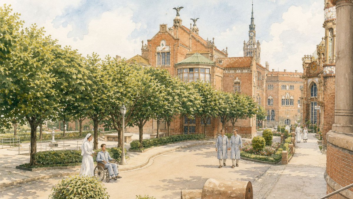 santpaubcn's tweet photo. 🌿 Pavellons envoltats de jardins, llum natural, ventilació creuada i espais oberts afavorien la recuperació dels pacients i anticipaven conceptes avui essencials per construir ciutats més saludables, sostenibles i humanes.

#ODS11 #ODS3 #PatrimoniMundial

Imatge generada amb IA https://t.co/EOfxK4RowR