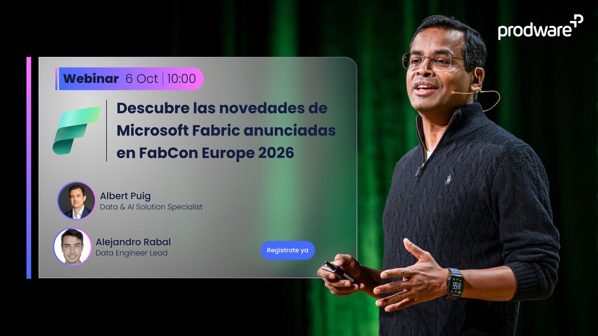 ProdwareES's tweet photo. Te contamos lo que se ha presentado en #FabConEurope 2026 y qué puedes hacer con ello en tu organización: acelerar tus iniciativas de datos e #IA, optimizar la gobernanza y extraer más valor de tu plataforma #analítica.
➡️ https://t.co/F0uRcVoAfj
#MicrosoftFabric @EuropeanFabric https://t.co/sgv2VnfgIq
