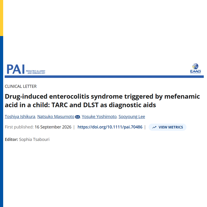 pai_eaaci's tweet photo. 💊 A rare pediatric drug allergy case.
This #clinicalletter describes drug-induced #enterocolitis syndrome triggered by #mefenamic acid and highlights the potential diagnostic value of #TARC and #DLST.
🔗 https://t.co/ShXTmm8jWR
#DrugAllergy #PAI_journal #enterocolitissyndrome #mefenamicacid