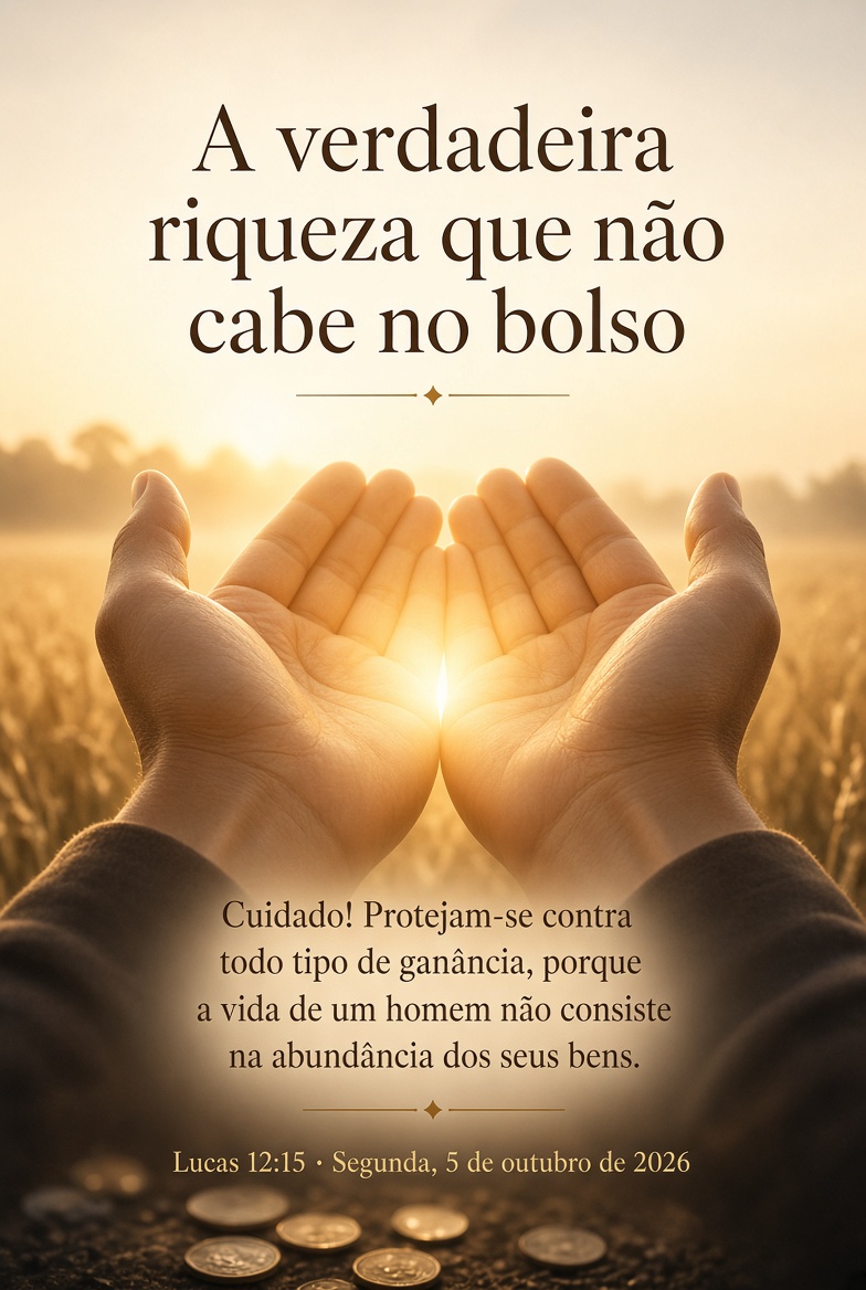 cordeirodavida_'s tweet photo. Palavra de Hoje: A verdadeira riqueza que não cabe no bolso. 

Então, ele lhes disse: "Cuidado! Protejam-se contra todo tipo de ganância, porque a vida de um homem não consiste na quantidade dos seus bens."
Lucas 12:15

Você já mediu o valor de um dia pelo que conseguiu comprar nele? É fácil confundir ter mais com viver melhor, sobretudo quando tudo ao redor repete essa conta. Mas a vida de verdade não se mede em saldo de conta nem em objetos guardados em casa. Ela é maior do que tudo isso, e cabe muito menos no bolso do que se costuma pensar. Jesus não está dizendo que dinheiro é errado. Está dizendo que ele nunca foi a medida certa.

De fato, a piedade com contentamento é grande fonte de lucro, pois nada trouxemos para este mundo e dele nada podemos levar.
1 Timóteo 6:6-7

Nada do que você acumula vai com você. Essa é a prova mais simples de que o dinheiro não é a verdadeira riqueza: ele fica para trás, todo ele, sem exceção. O que soma de verdade é outra coisa, algo que se leva, que continua depois que o corpo se cansa e o bolso esvazia. Contentamento não é resignação, é reconhecer que já se tem o essencial, e isso muda a forma como você enxerga o resto.

"Não acumulem para vocês tesouros na terra, onde a traça e a ferrugem destroem e onde os ladrões arrombam e furtam. Mas acumulem para vocês tesouros nos céus, onde a traça e a ferrugem não destroem e onde os ladrões não arrombam nem furtam. Pois, onde estiver o seu tesouro, ali também estará o seu coração."
Mateus 6:19-21

Existe um jeito de guardar riqueza que nenhum ladrão alcança e nenhuma traça corrói. É o que você investe em Deus, no seu caráter, nas pessoas que ama, na fé que carrega quando tudo o mais falta. Essa riqueza não aparece no extrato bancário, mas é a única que dura para sempre, e é ela que decide para onde vai o seu coração.