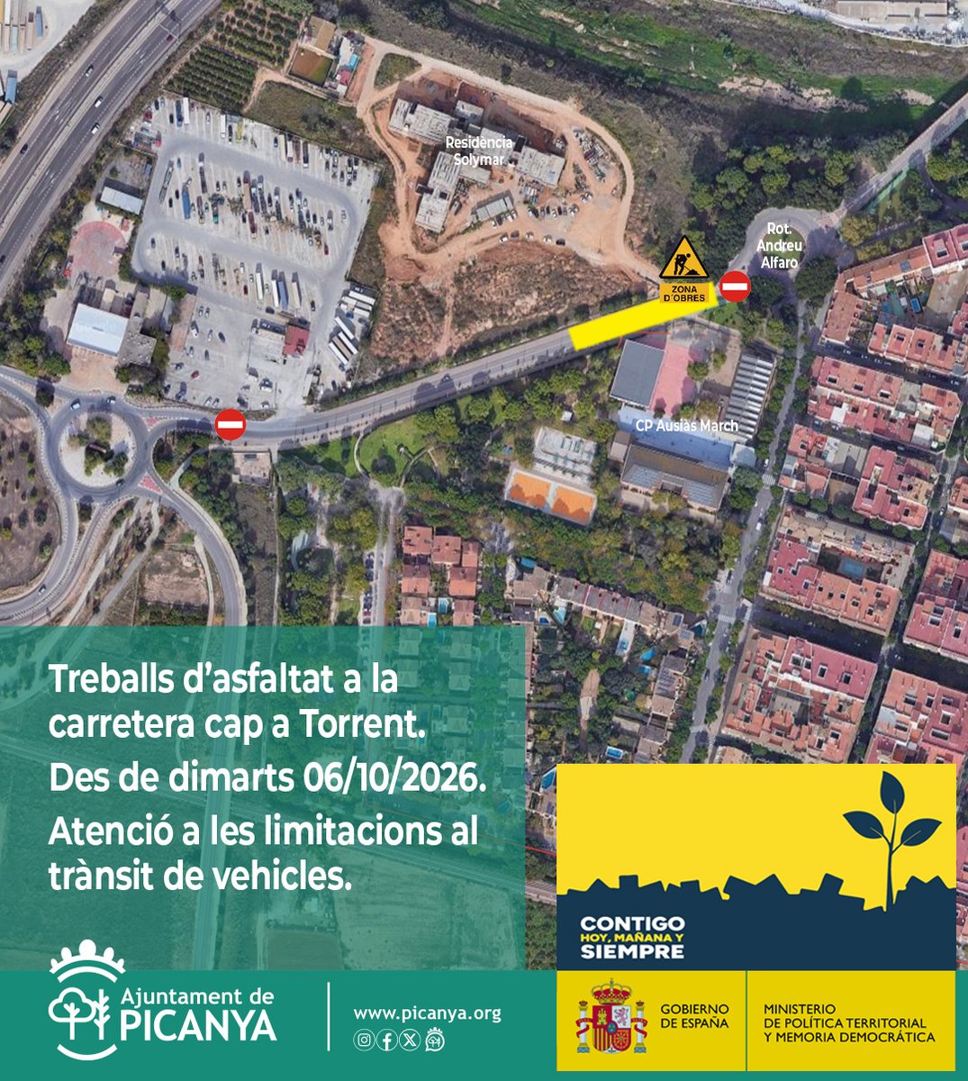 aPicanya's tweet photo. Treballs d’asfaltat a l'eixida cap a Torrent des de dimarts 06/10/2026.
Atenció a les limitacions al trànsit de vehicles.
Més informació:
https://t.co/GaEGaEsjEu https://t.co/Rj6ZiYZlvV