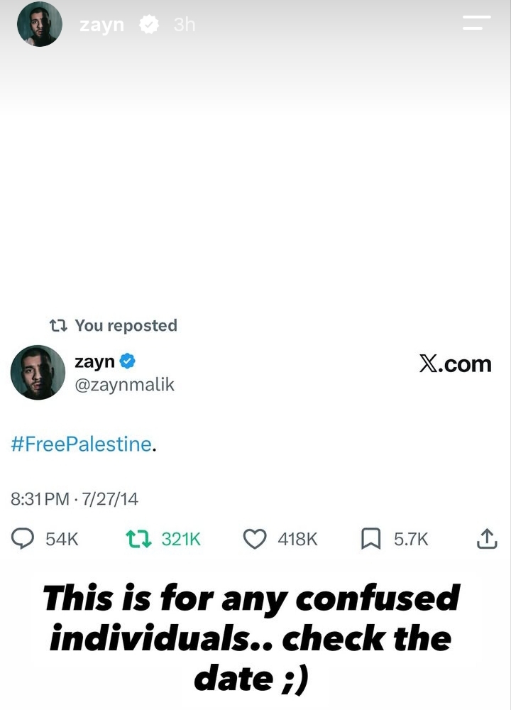 starfess's tweet photo. -star Zayn insta story updates (50m followers) Free Palestine 🍉 say it, guys 🍉
say it with ur acc too, pls 🥹 https://t.co/UhV9XMVb3j