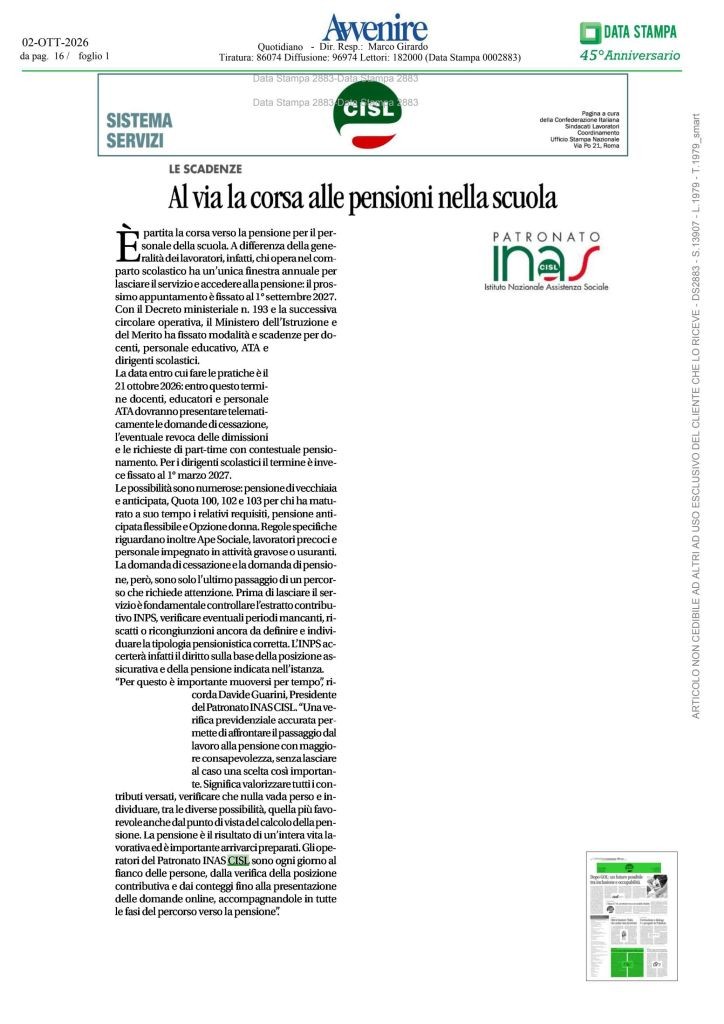 InasCisl's tweet photo. Al via la corsa alle #pensioni nella Scuola

"La verifica previdenziale accurata permette il passaggio dal lavoro a pensione senza lasciare nulla al caso. Siamo sempre vicino alle persone, accompagnandole in ogni fase del percorso" così il Presidente @davide_guarini @Avvenire_Nei https://t.co/xfjnWQYU1q