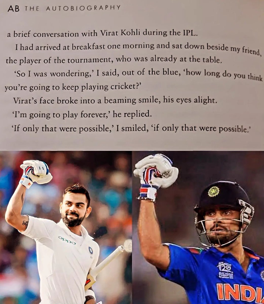 ImTanujSingh's tweet photo. AB DE VILLIERS ON VIRAT KOHLI ON HIS AUTOBIOGRAPHY LAST PAGE. ❤️

- King Kohli said "I'm going to play forever". 🥹 https://t.co/Mw9HPLbv9r