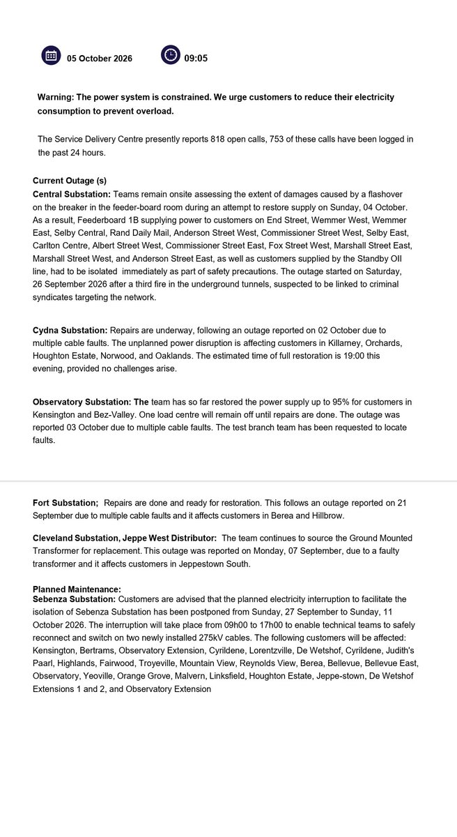 CityPowerJhb's tweet photo. #InnerCityOutage #CityPowerUpdates 

Kindly see the attached information for the latest updates and also follow our WhatsApp channel for electrifying updates on developments. ^MJ https://t.co/lcbxJYvJ0k