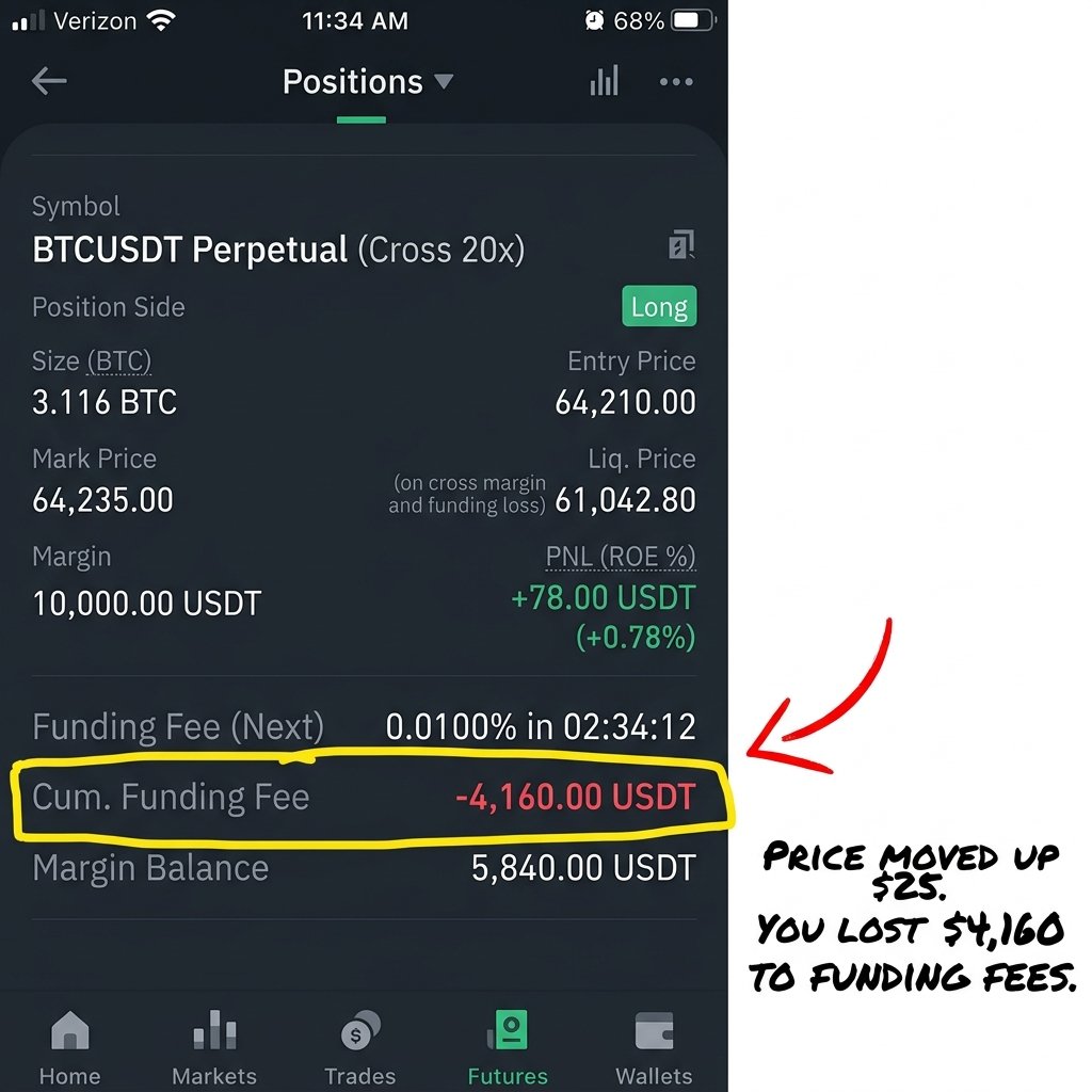 TheStrategistC's tweet photo. 1/5

Look closely at this Binance position screen.

This trader opened a $10,000 10x margin long on Bitcoin at $58,200.

Price never hit their liquidation.
In fact, Bitcoin actually moved UP +$25.

Yet their margin balance bled from $10,000 down to $5,840.

-$4,160 wiped out with zero price movement.

Here is the 8-hour silent funding tax that liquidates retail traders while they sleep: 🧵👇