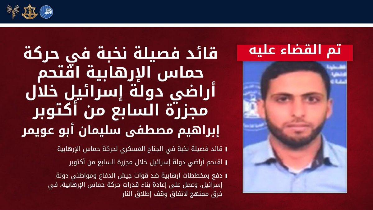 CaptainElla1's tweet photo. #عاجل | جيش الدفاع والشاباك يقضيان على قائد فصيلة نخبة في حركة حماس الإرهابية اقتحم أراضي دولة إسرائيل خلال مجزرة السابع من أكتوبر

⭕️ هاجم جيش الدفاع وجهاز الأمن العام (الشاباك) خلال نهاية الأسبوع (الجمعة) في منطقة النصيرات وسط قطاع غزة، وقضيا على المخرب إبراهيم مصطفى سليمان أبو عويمر، قائد فصيلة نخبة في الجناح العسكري لحركة حماس الإرهابية.

⭕️ اقتحم المخرب أراضي دولة إسرائيل خلال مجزرة السابع من أكتوبر.

⭕️ وخلال الفترة الأخيرة، دفع المخرب بمخططات إرهابية ضد قوات جيش الدفاع ومواطني دولة إسرائيل، وعمل على إعادة بناء قدرات ح��كة حماس الإرهابية، في خرق ممنهج لاتفاق وقف إطلاق النار. وتم القضاء على المخرب من الجو بهدف إزالة التهديد الذي شكّله.

⭕️ قوات جيش الدفاع التابعة للقيادة الجنوبية منتشرة في المنطقة وفقًا للاتفاق، وستواصل العمل لإزالة أي تهديد فوري.