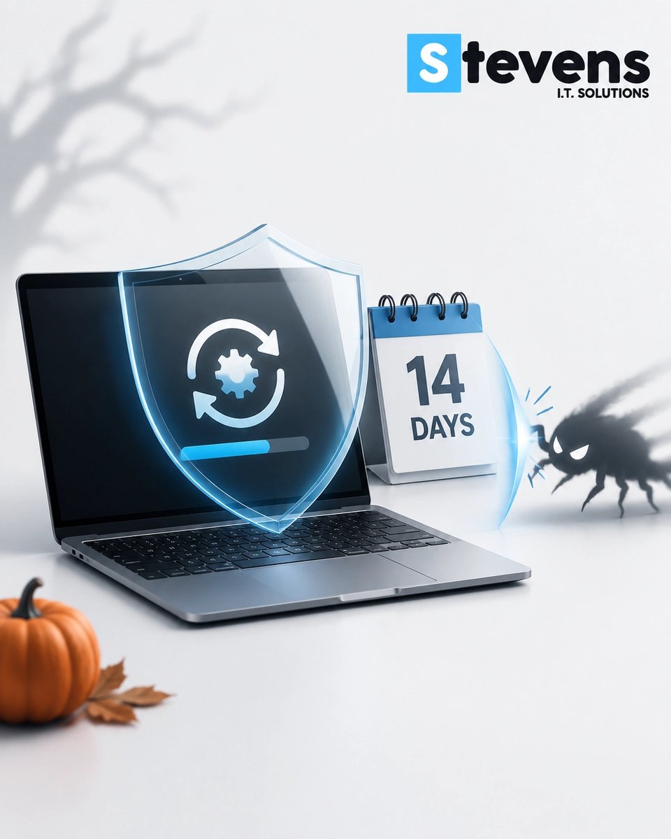 Stevens_IT's tweet photo. Patch Tuesday shouldn’t be spooky! 🎃 Hackers can move within 14 days of a flaw being published. Automated patching keeps devices covered before bugs become break-ins. Call 01256 674490. #PatchTuesday #ITSupport https://t.co/Ur0yKcOoNz