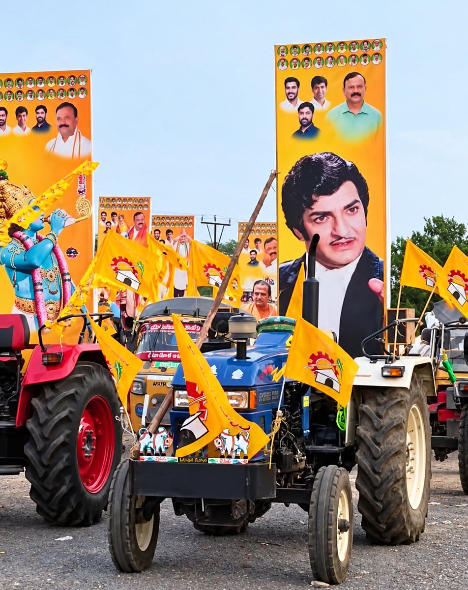 sanjusalva's tweet photo. Just look at that flex! Seeing our Party founder  standing proudly among the TDP cadre makes my heart swell with emotion. The love, pride, and respect I have for the legendary NTR Garu—the embodiment of Telugu self-respect only grows stronger. ❤️ #NTRLiveson #BharatratnaforNTR https://t.co/uaKu0SbnOi