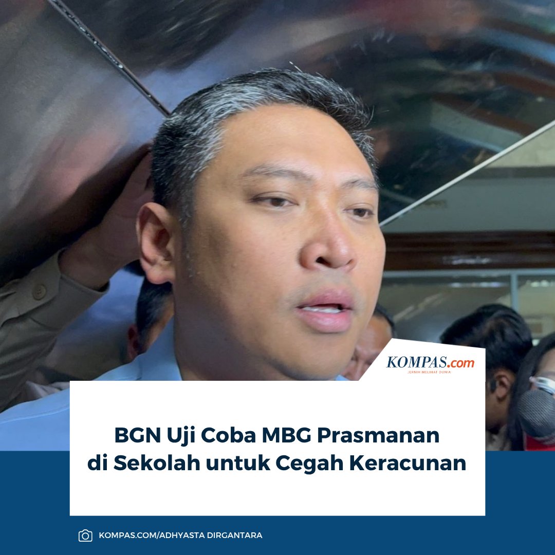 kompascom's tweet photo. Baca di sini: https://t.co/QYaKN7TTV9

Badan Gizi Nasional (BGN) mulai menguji coba penyajian Makan Bergizi Gratis (MBG) secara prasmanan di sekolah. Uji coba melibatkan lebih dari 60 dapur di sejumlah daerah mulai Senin (5/10/2026).

~KQ #BGN #MBGPrasmanan  [20261005135843426] https://t.co/LFZ5VWA3kQ