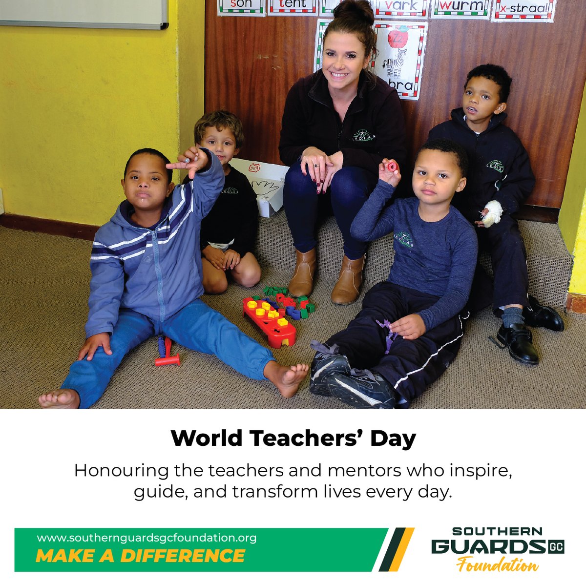 SGGCFoundation's tweet photo. 📚✨ Happy World Teachers’ Day! ✨📚

Today, we celebrate the teachers, coaches, mentors and caregivers who do so much more than teach. They inspire confidence, nurture potential and help young people believe in what is possible.

From the classroom to the golf course, their impact reaches far beyond the lessons they teach:
💛 Leolan Academy – Supporting children with diverse learning needs with patience, care and understanding.
🌱 iPAPA – Nurturing young learners through early childhood development, education and nutrition.
⛳ Southern Guards GC Academy – Developing young golfers while building discipline, confidence and character.
🎗️ Kids With Cancer – Supporting children and families through some of life's most difficult moments.
🏠 Sinethemba Hope House – Helping vulnerable children heal, learn, grow and feel safe.

To every teacher, coach, mentor and caregiver who shows up, encourages a child and helps them see a brighter future:
We see you. We appreciate you. And we thank you for the lives you shape every single day. 💛

Learn more about our beneficiaries and the impact they create.
👉 https://t.co/GjKUJFrhRb

#SouthernGuardsGCFoundation #WorldTeachersDay #HappyTeachersDay #TeachersMatter #EducationMatters #ShapingFutures #InspiringYoungMinds #BuildingFutures #ChangingLives #CommunityImpact #HopeInAction #TogetherForChange #GolfForGood #MakeADifference