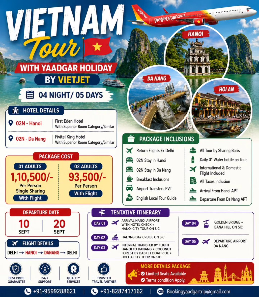 Mphuong3323's tweet photo. Hanoi, Da Nang, Hoi An, Halong Bay Cruise, Golden Bridge and Hanoi City Tour. Special package with flights from ₹93, 500 per person. Departures: 10 Sept, 20 Sept. Limited seats available. https://t.co/HHzFOEOpK9