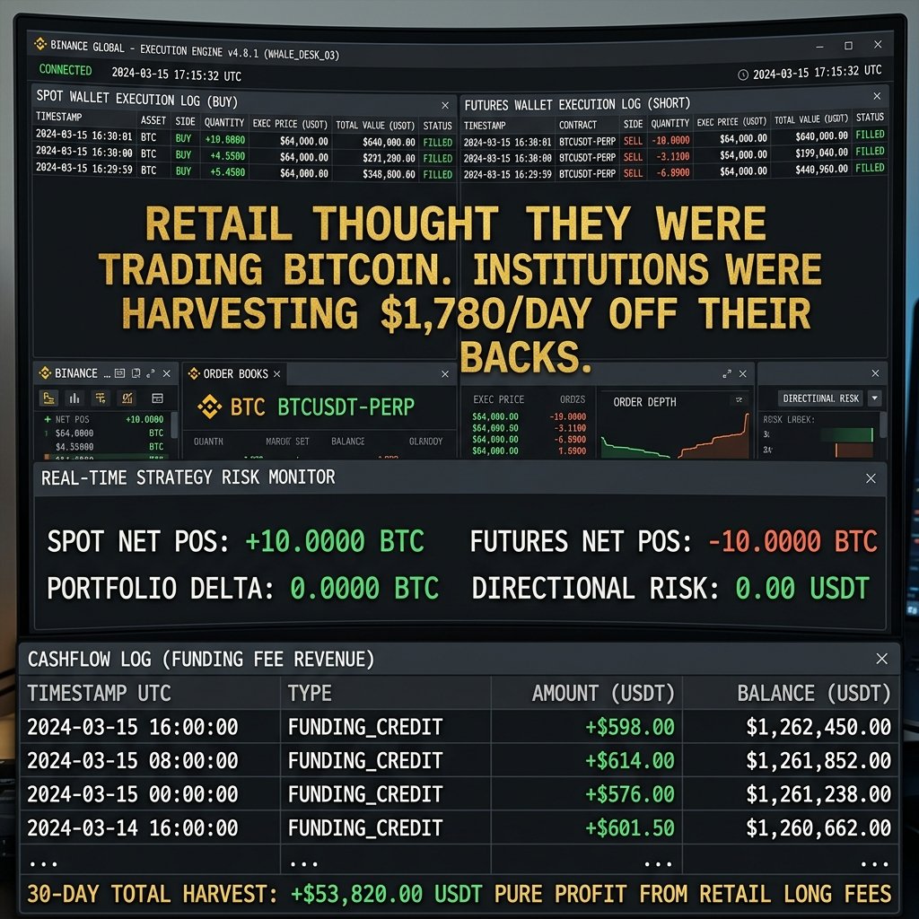 TheStrategistC's tweet photo. 4/5

Who takes that $4,160 deducted from retail margin balances?

It does NOT go to the exchange. It goes straight to institutional Cash-and-Carry basis traders.

Here is the exact hedge fund playbook:
• Buy 10 BTC on Spot ($600,000)
• Short 10 BTC on Perpetual Futures ($600,000)

Delta risk: Exactly ZERO. If Bitcoin goes to $100k or $20k, their net portfolio value never changes.

Yet every 8 hours, retail longs pay them the funding premium:
• +0.07% per 8 hours = $1,260/day in pure cash credits
• That is an annualized 28% to 45% yield harvested directly from retail leverage.