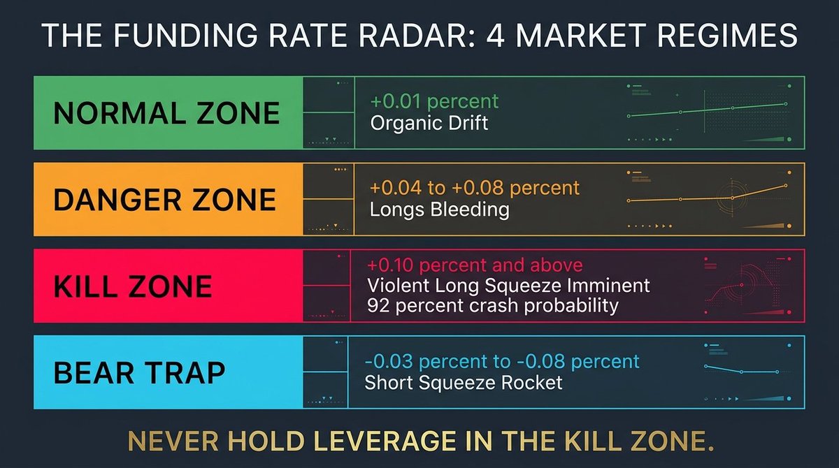 TheStrategistC's tweet photo. 5/5

How to protect your capital from funding bleed:

1. Never swing high leverage (>5x) longer than 48 hours when funding is >0.05%.
2. Always calculate your True Holding Cost: if funding is 0.08%, you need +7.2% monthly price gain just to break even on fees.
3. Watch the Liquidation Creep: check your liquidation price daily—it moves closer every 8 hours.
4. When funding flips negative (-0.03%), spot accumulation + low-leverage longs offer the highest asymmetric reward.

If you trade futures, bookmark this thread to reference before holding open leverage.

Follow @TheStrategistC for institutional trading mechanics and raw market data.