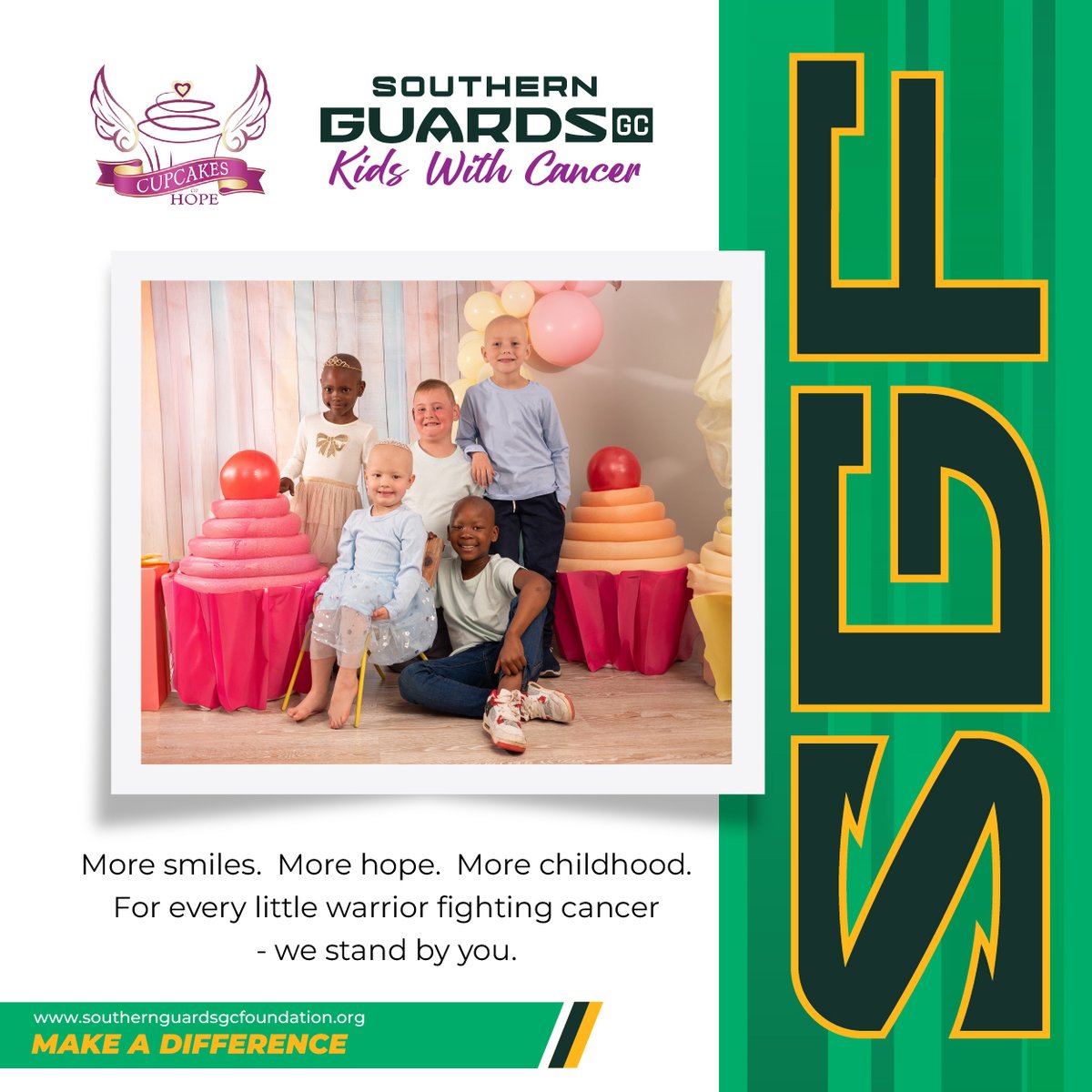 SGGCFoundation's tweet photo. 🎗️💛 Behind every brave little warrior is a child who just wants to be a child.

A day at school.
A game with friends.
A birthday surrounded by loved ones.
A chance to laugh, play and dream about the future.

For children battling cancer, life can look very different.

At the Southern Guards GC Foundation, we are proud to support Kids With Cancer, helping bring practical support, care and hope to children and families navigating one of life's toughest journeys.

Through our partnership with Cupcakes of Hope, we are helping make sure families don't have to face this journey alone.

Because behind every diagnosis is a child with dreams.
And behind every child is a family hoping for brighter days. 💛

Together, we can help bring more smiles, more hope and more precious moments to these young warriors.

Learn more about Kids With Cancer and how you can get involved.
👉 https://t.co/JHjxmEBDsr

#SouthernGuardsGCFoundation #KidsWithCancer #ChildhoodCancer #ChildhoodCancerAwareness #CupcakesOfHope #CancerWarriors #LittleWarriors #GiveHope #HopeInAction #SupportFamilies #ChangingLives #MakingADifference #TogetherForChange