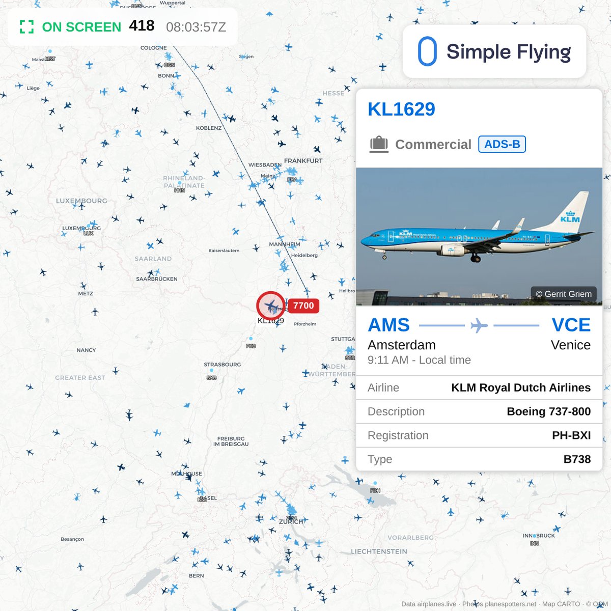 FlighttrackerSF's tweet photo. KLM Royal Dutch Airlines flight KL1629, a Boeing 737-800 from AMS to VCE, is squawking 7700 over Germany.

https://t.co/jsUaTc52ua https://t.co/nf9QjLc4Z1