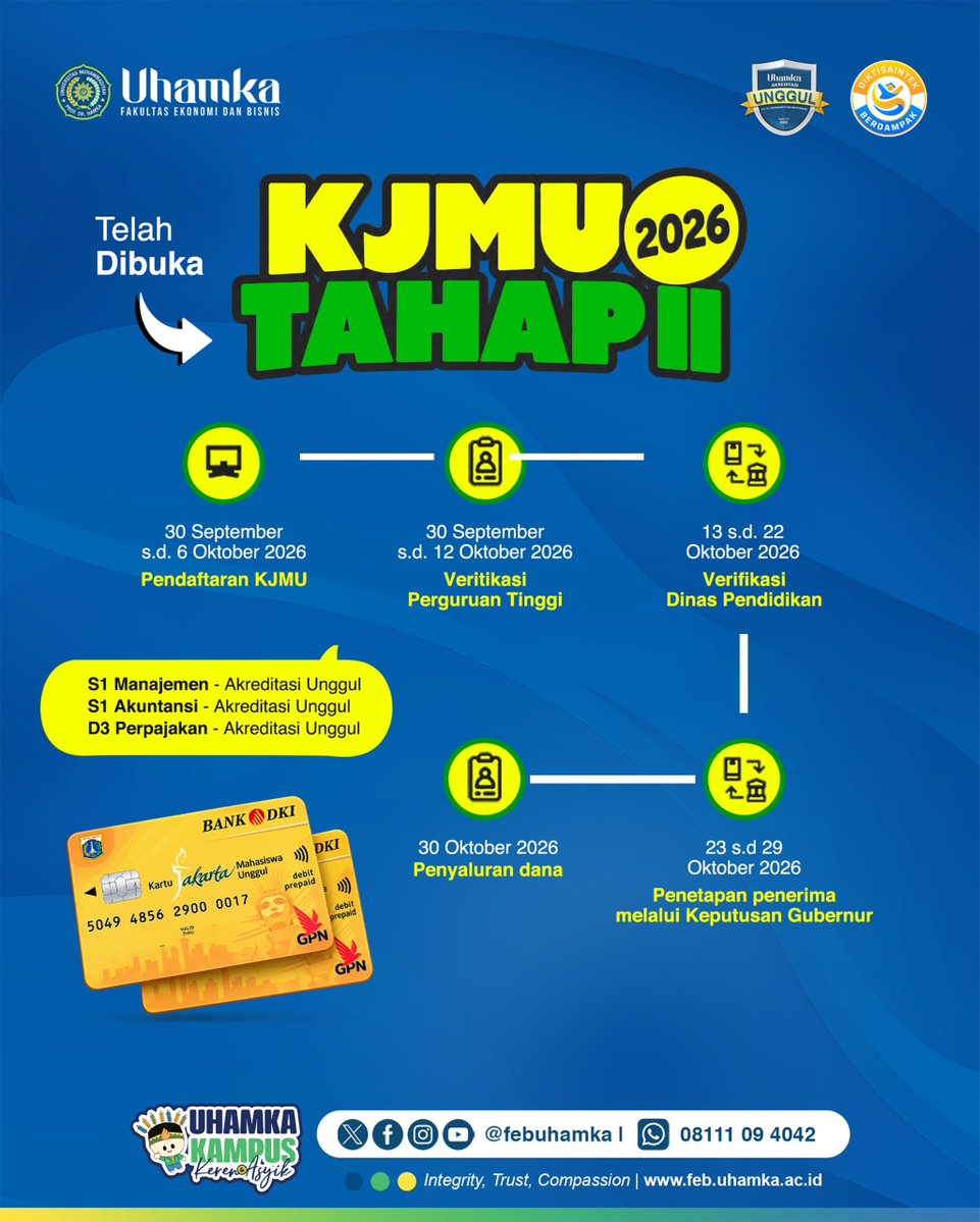 febuhamka's tweet photo. 🎓 KJMU 2026 TAHAP II TELAH DIBUKA! 🎓

Kabar baik bagi calon mahasiswa penerima Kartu Jakarta Mahasiswa Unggul (KJMU) 2026

✨ Program Studi FEB UHAMKA yang tersedia:
✅ S1 Manajemen — Akreditasi Unggul
✅ S1 Akuntansi — Akreditasi Unggul
✅ D3 Perpajakan — Akreditasi Unggul https://t.co/bU0BHldJJr