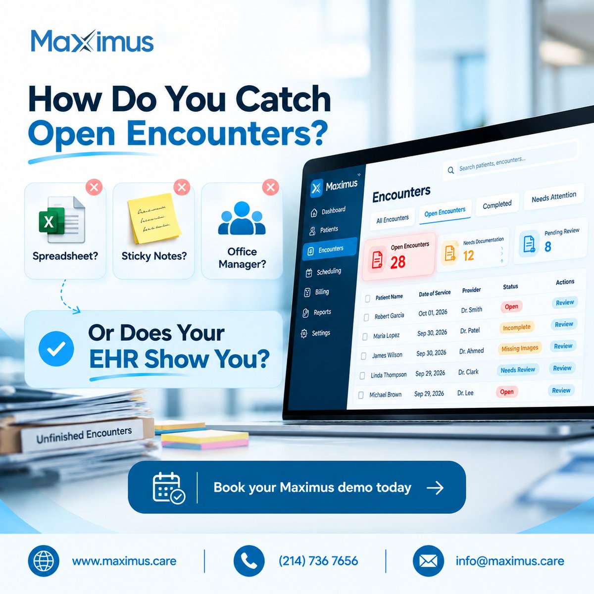 MaxRemind's tweet photo. Unfinished clinical notes create downstream work and delay your claims. Stop tracking encounters manually every week. Maximus EHR automates your wound care workflow so you can clear the queue before billing starts.
https://t.co/3AqQxrR7jw
#WoundCare #MaximusEHR https://t.co/xVmHhe2OaI
