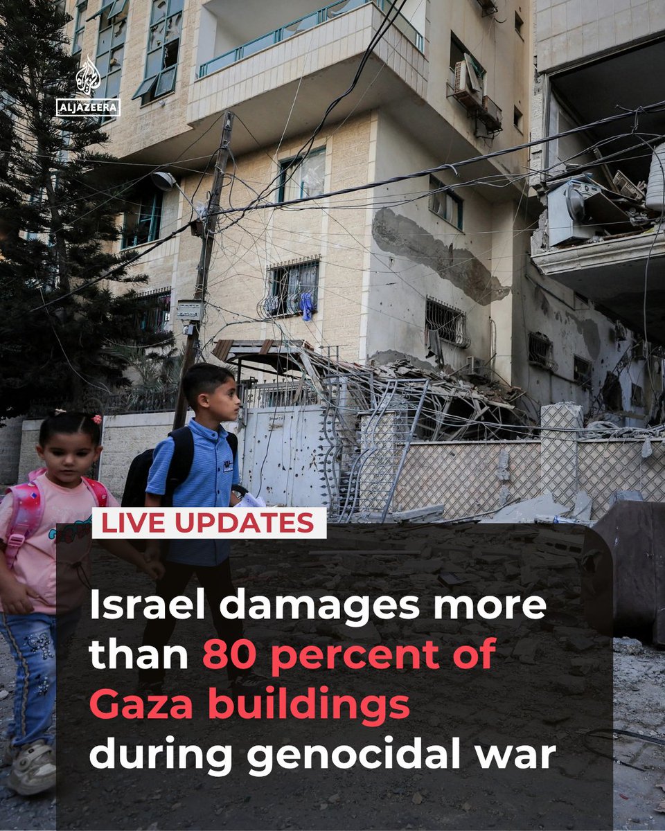 AJEnglish's tweet photo. More than 80 percent of all buildings in the besieged Gaza Strip have been damaged by Israeli forces since the genocidal war on Gaza began on October 7, 2023, according to the Palestinian Central Bureau of Statistics (PCBS).

🔴 LIVE updates: https://t.co/ovZONYAKb4 https://t.co/IPsRf4QtQg