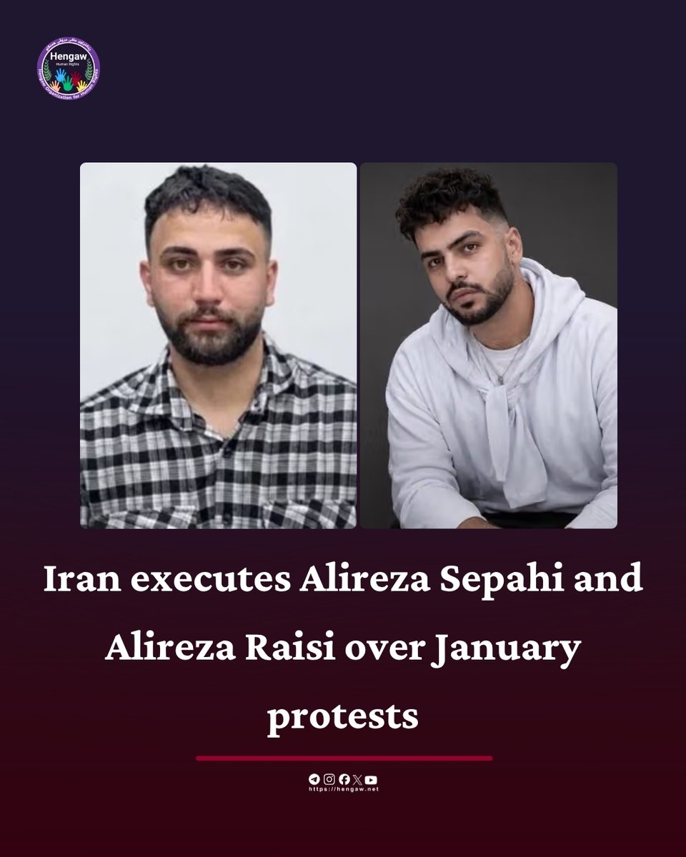 Hengaw_English's tweet photo. Iranian authorities have executed Alireza Sepahi and Alireza Raisi, two protesters arrested during the widespread January 2026 protests and defendants in the case known as the “Isfahan Alikhani Square” case.

Reports received by the Hengaw Organization for Human Rights show that Sepahi and Raisi were executed at Isfahan Central Prison on the morning of October 5, 2026. Mizan, the Iranian judiciary’s official news agency, confirmed the executions.

Sepahi, 25, was arrested during the January protests after being wounded by four gunshots. His mother was also sentenced to five years in prison. His cousin, Abolfazl Sepahi, was arrested in the same case, sentenced to death, and publicly executed on July 28, 2026.

https://t.co/1KEHPGhcdV
