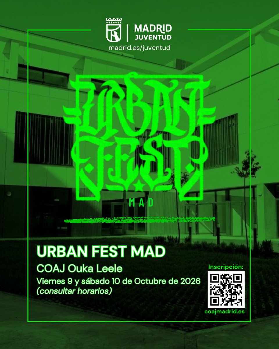 MadridJuventud's tweet photo. 🔥 ¡Llega el último Urban Fest MAD del año al COAJ Ouka Leele!
🎶 Cultura urbana, música, arte, creatividad y mucho movimiento.
📅 9 y 10 oct | 📍 COAJ Ouka Leele
🎟️ Gratis | Sin inscripción previa | Hasta completar aforo
¡No te lo pierdas!
#madridesjoven #coaj #UrbanFestMAD https://t.co/O9DWxIahih