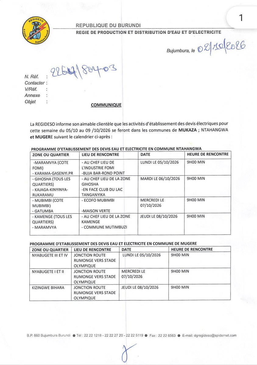 Regideso_bdi's tweet photo. Les activités d'établissement des devis (électricité et eau) pour la semaine du 05/10au 09/10/2026 se feront dans les Communes de MUKAZA ; NTAHANGWA et MUGERE suivant le calendrier ci-après : https://t.co/D492c6aYBc