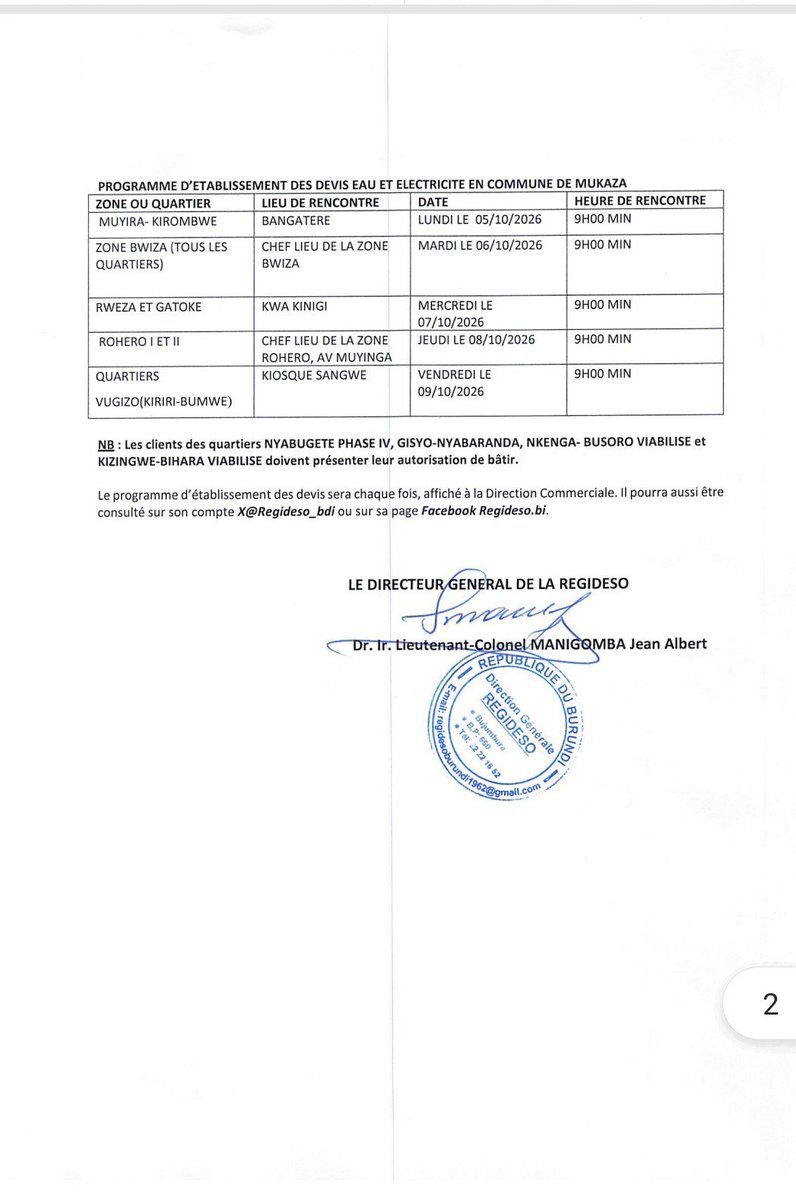 Regideso_bdi's tweet photo. Les activités d'établissement des devis (électricité et eau) pour la semaine du 05/10au 09/10/2026 se feront dans les Communes de MUKAZA ; NTAHANGWA et MUGERE suivant le calendrier ci-après : https://t.co/D492c6aYBc