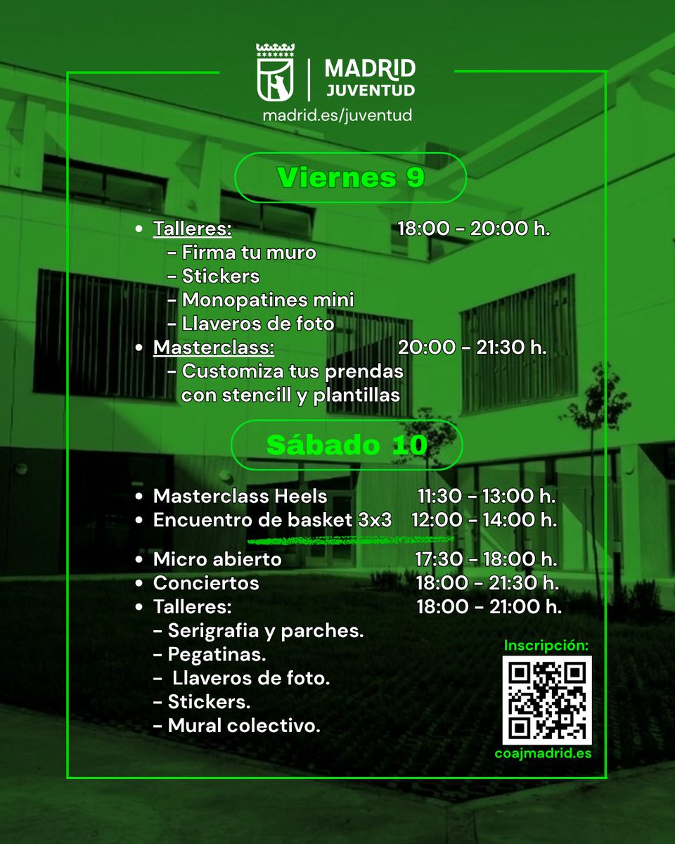 MadridJuventud's tweet photo. 🔥 ¡Llega el último Urban Fest MAD del año al COAJ Ouka Leele!
🎶 Cultura urbana, música, arte, creatividad y mucho movimiento.
📅 9 y 10 oct | 📍 COAJ Ouka Leele
🎟️ Gratis | Sin inscripción previa | Hasta completar aforo
¡No te lo pierdas!
#madridesjoven #coaj #UrbanFestMAD https://t.co/O9DWxIahih