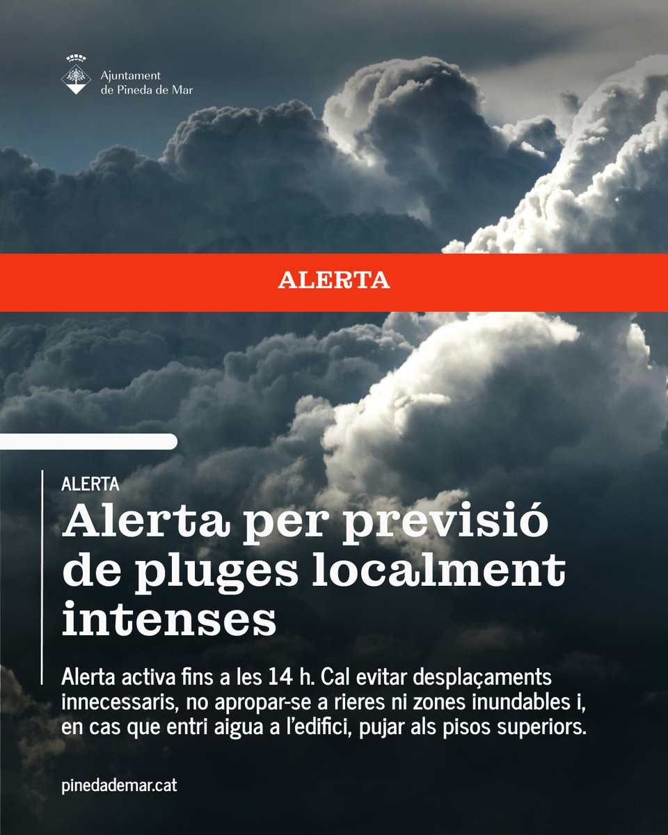 pinedademar's tweet photo. ⚠️ ALERTA ACTIVA FINS A LES 14 H
Davant la situació meteorològica, es recomana evitar desplaçaments innecessaris i no apropar-se a rieres ni zones inundables. Si entra aigua a l’edifici, pugeu als pisos superiors. https://t.co/VNwTQezgVX